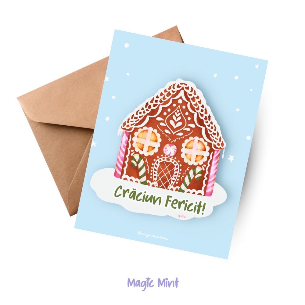 felicitare Craciub fericit casuta turta dulce